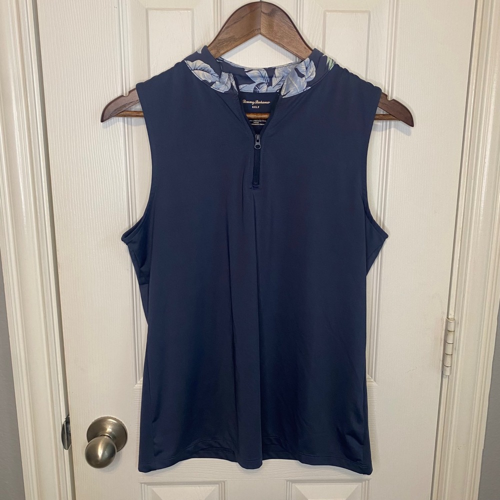 Tommy Bahama Golf Womens Medium Blue Mock Neck Quarter Zip Sleeveless Polo